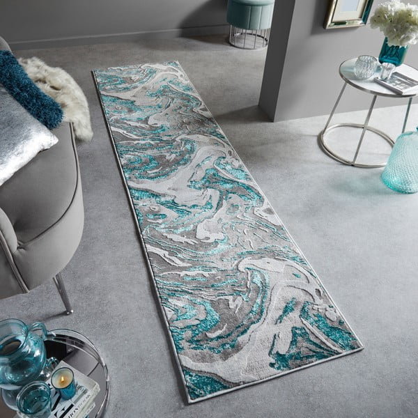 Grau-türkisfarbener Läufer, 80 × 300 cm Marbled - Flair Rugs-image-1