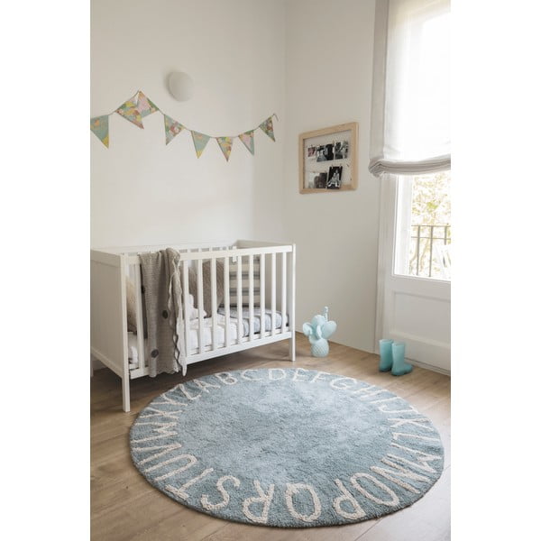 Hellblauer, waschbarer, handgewebter Baumwoll-Kindenteppich, Ø 150 cm ABC Vintage Blue - Lorena Canals-image-3