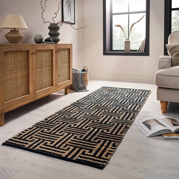 Schwarz/naturfarben, handgewebter Läufer mit Juteanteil, 80 x 230 cm Meander Jute - Flair Rugs-image-1