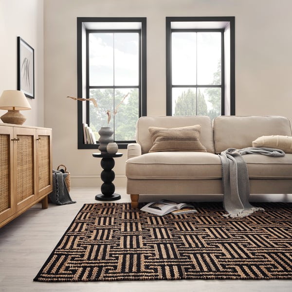 Schwarzer/naturfarbener, handgewebter Teppich mit Juteanteil, 120 x 170 cm Meander Jute - Flair Rugs-image-2