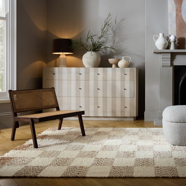 Cremefarbener/naturfarbener, handgewebter Teppich mit Wollanteil, 160 × 230 cm Eric Checkboard - Flair Rugs-image-1