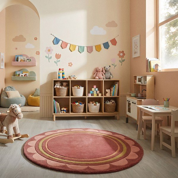 Weinroter, handgewebter, runder Wollteppich, Ø 120 cm Lois - Flair Rugs-image-2