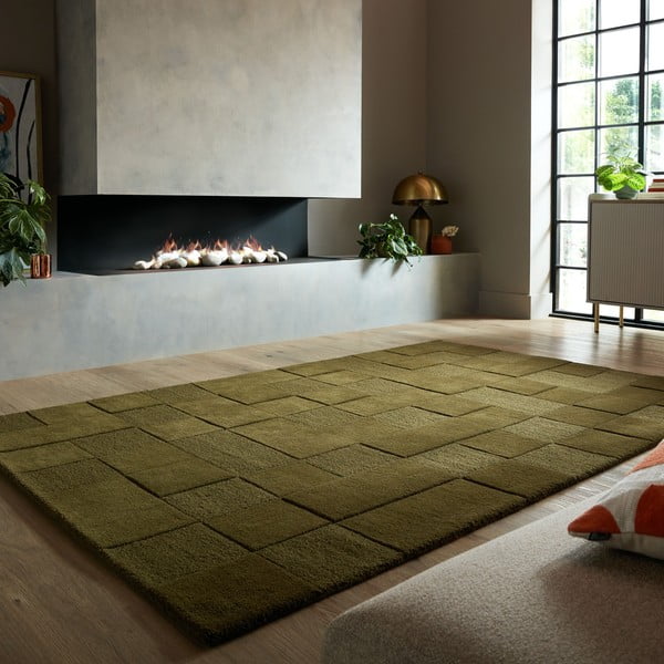 Khaki-farbiger, handgewebter Wollteppich, 120 x 170 cm Checkerboard - Flair Rugs-image-1