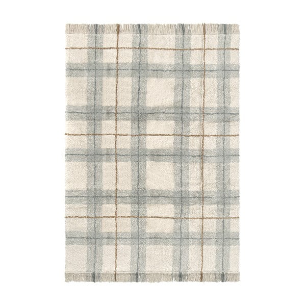 Cremefarbener/salbeigrüner, waschbarer/handgewebter Baumwollteppich, 90 x 120 cm Tartan Blue Sage - Lorena Canals