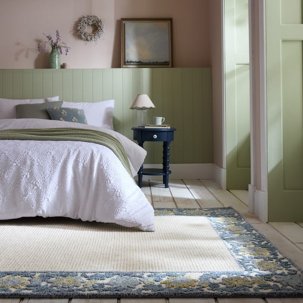 Blauer/elfenbeinfarbener, handgewebter Teppich mit Wollanteil, 120 × 170 cm Myla Floral Frame - Flair Rugs-image-1