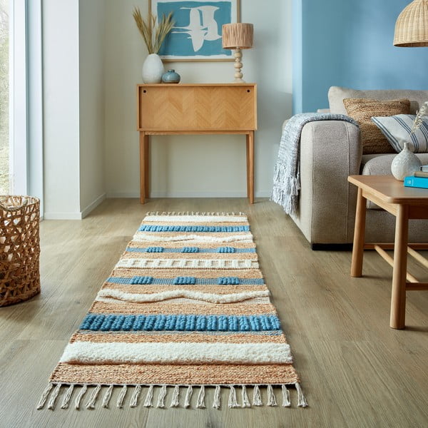 Blauer/naturfarbener, handgewebter Läufer mit Juteanteil, 60 x 230 cm Medina Jute - Flair Rugs-image-1