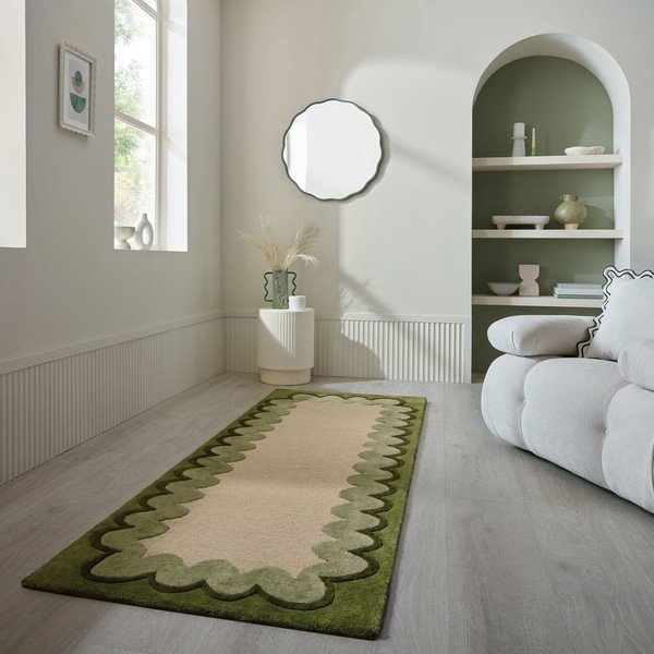 Grüner/naturfarbener, handgewebter Wollläufer, 80 x 230 cm Wiggle Wool - Flair Rugs-image-1