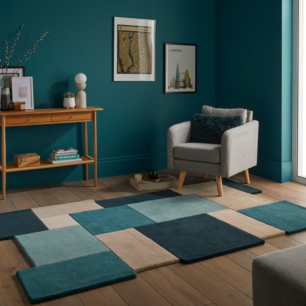 Blau-beiger Wollteppich, 200 × 290 cm Abstract Collage - Flair Rugs-image-1