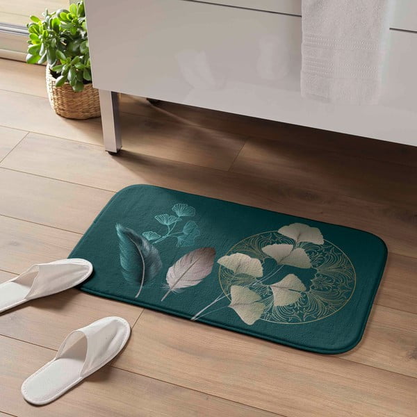 Türkisfarbener Badezimmerteppich, 45 × 75 cm Ginkoblue - douceur d'intérieur-image-1