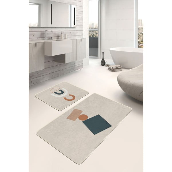 Beigefarbene Samt-Badezimmerteppiche im 2er-Set, 60 × 100 cm Geometry Shapes - Mila Home-image-1