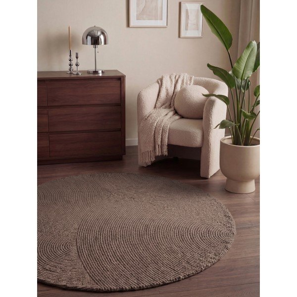 Taupefarbener, handgewebter, runder Wollteppich, Ø 120 cm Calmio - Hanse Home-image-1