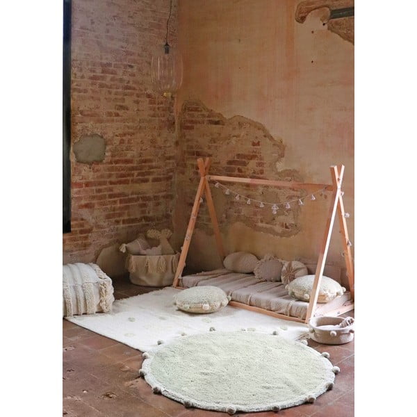 Khaki-cremefarbener, waschbarer, handgewebter Baumwoll-Kinderteppich, 120 × 160 cm Hippy Dots Olive - Lorena Canals-image-4