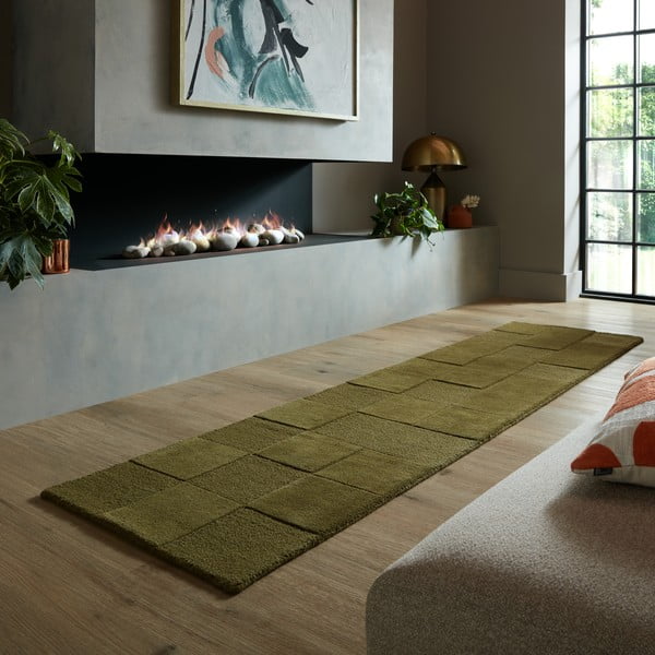 Khaki, handgewebter Wollläufer, 60 x 230 cm Checkerboard - Flair Rugs-image-1