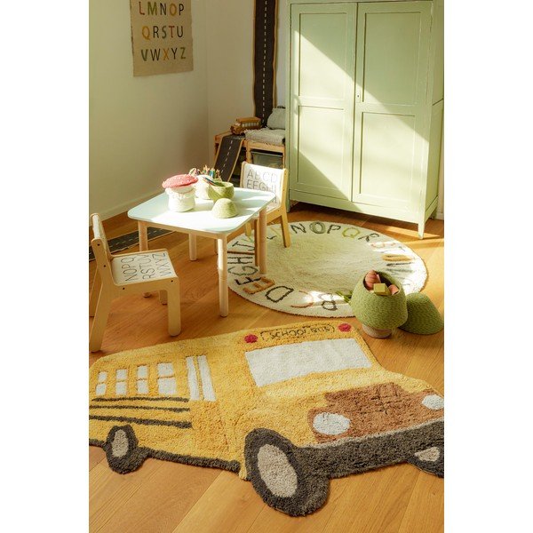 Ockergelber, waschbarer/handgewebter Baumwollteppich für Kinder, 90 x 130 cm School Bus - Lorena Canals-image-3