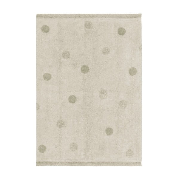 Khaki-cremefarbener, waschbarer, handgewebter Baumwoll-Kinderteppich, 120 × 160 cm Hippy Dots Olive - Lorena Canals