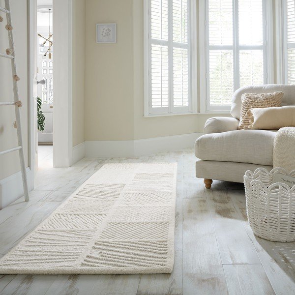 Weißer, handgewebter Läufer mit Wollanteil, 80 x 230 cm Sculptured Blocks - Flair Rugs-image-1