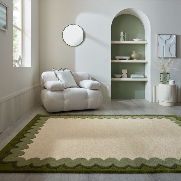 Grüner/naturfarbener, handgewebter Wollteppich, 140 × 200 cm Wiggle Wool - Flair Rugs-image-1