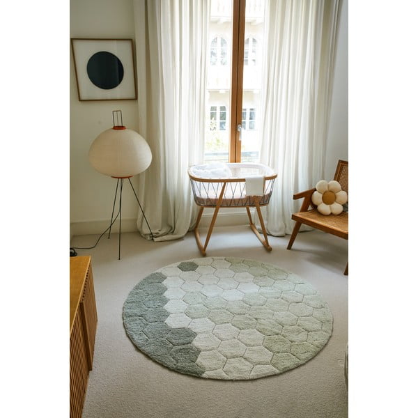 Hellgrüner, waschbarer, handgewebter runder Baumwollteppich, Ø 140 cm Honeycomb Blue Sage - Lorena Canals-image-3