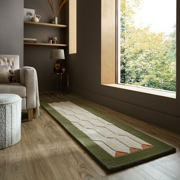 Grün/naturfarben, handgewebter Wollläufer, 60 x 230 cm Apex Border Wool - Flair Rugs-image-1