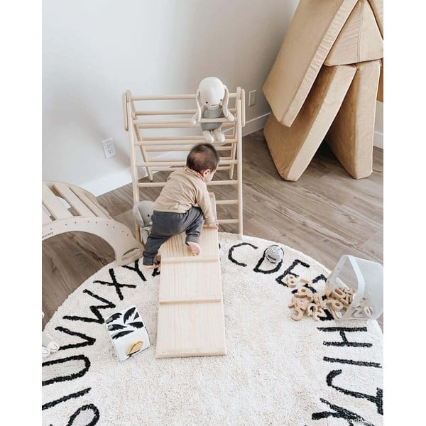 Cremefarbener, waschbarer, handgewebter Baumwoll-Kinderteppich, Ø 150 cm ABC Natural Black - Lorena Canals-image-1