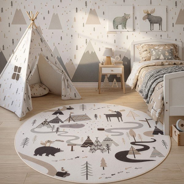 Cremefarbener, waschbarer Kinderteppich, Ø 120 cm Coco 1135 - Ayyildiz Carpets-image-1