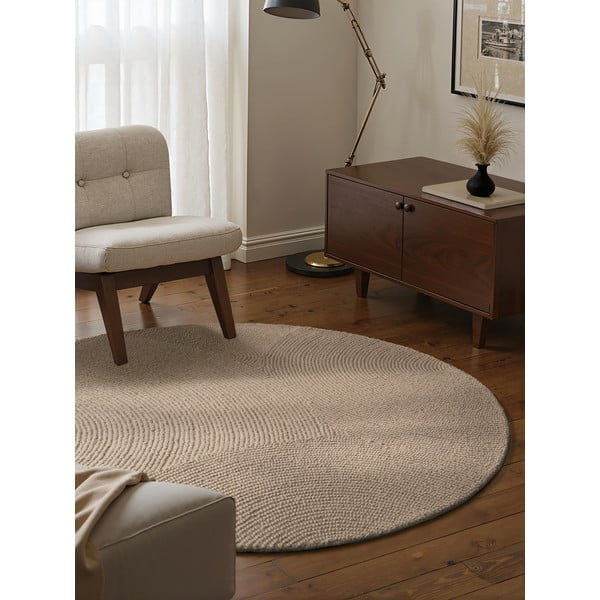 Beiger, handgewebter, runder Wollteppich, Durchmesser 150 cm Calmio - Hanse Home-image-3