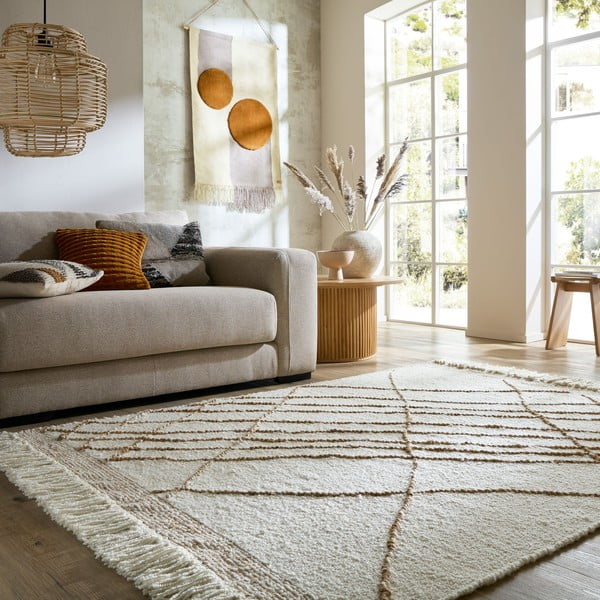 Cremefarbener, handgewebter Teppich mit Wollanteil, 120 x 170 cm Astera Linear - Flair Rugs-image-1