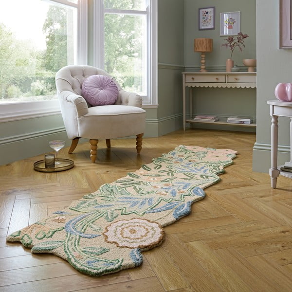 Grüner, handgewebter Läufer aus Wolle, 60 x 230 cm Bryony Shaped Floral - Flair Rugs-image-1