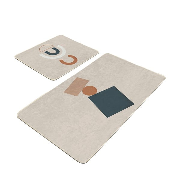 Beigefarbene Samt-Badezimmerteppiche im 2er-Set, 60 × 100 cm Geometry Shapes - Mila Home