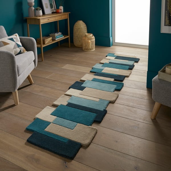 Blau-beiger Läufer aus Wolle, 66 × 300 cm Collage - Flair Rugs-image-1