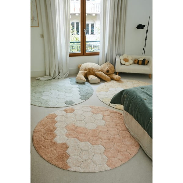 Hellgrüner, waschbarer, handgewebter runder Baumwollteppich, Ø 140 cm Honeycomb Blue Sage - Lorena Canals-image-1