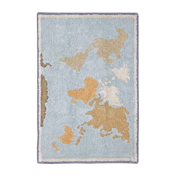 Blau-beiger, waschbarer, handgewebter Baumwoll-Spielteppich für Kinder, 70 x 100 cm Mini Worldmap - Lorena Canals