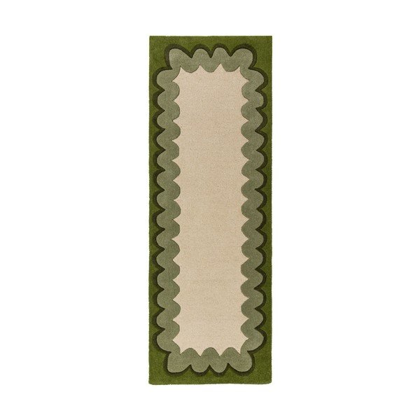 Grüner/naturfarbener, handgewebter Wollläufer, 80 x 230 cm Wiggle Wool - Flair Rugs