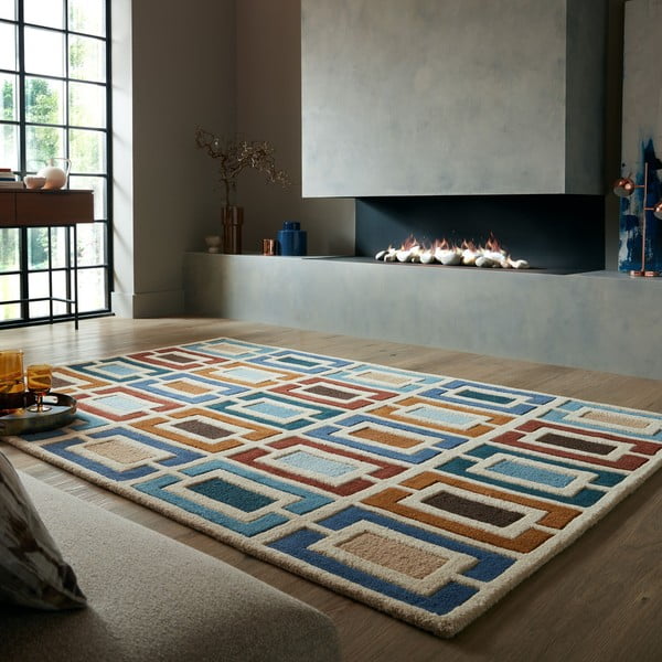 Blau-orangefarbener, handgewebter Wollteppich, 160 × 230 cm Retro Blocks - Flair Rugs-image-1