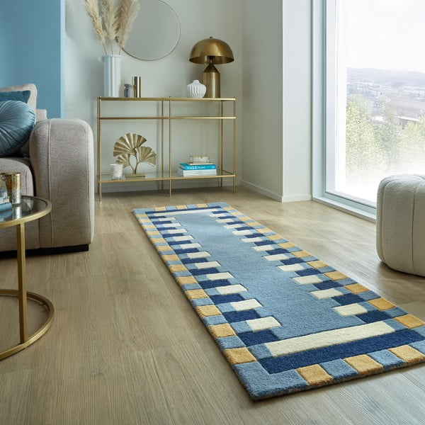 Blauer, handgewebter Läufer aus Wolle, 60 x 230 cm Kai Wool Border - Flair Rugs-image-1