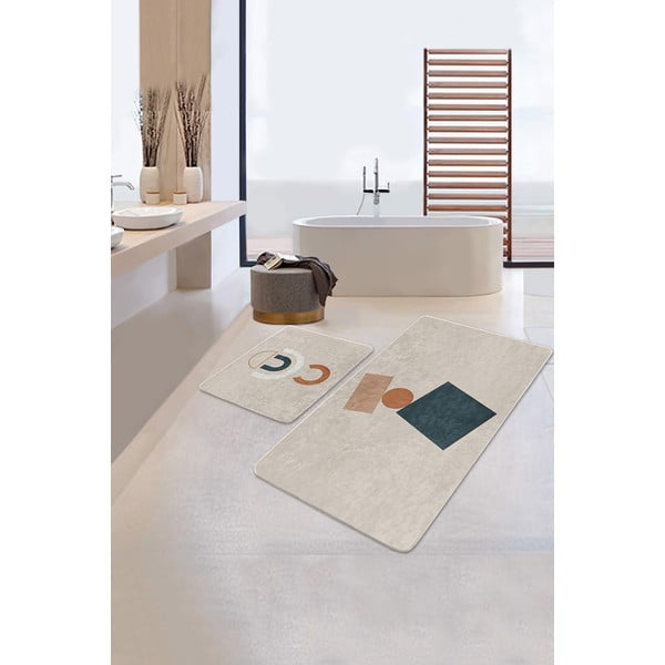 Beigefarbene Samt-Badezimmerteppiche im 2er-Set, 60 × 100 cm Geometry Shapes - Mila Home-image-4
