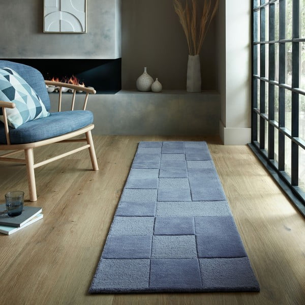 Dunkelblauer, handgewebter Wollläufer, 60 x 230 cm Checkerboard - Flair Rugs-image-1