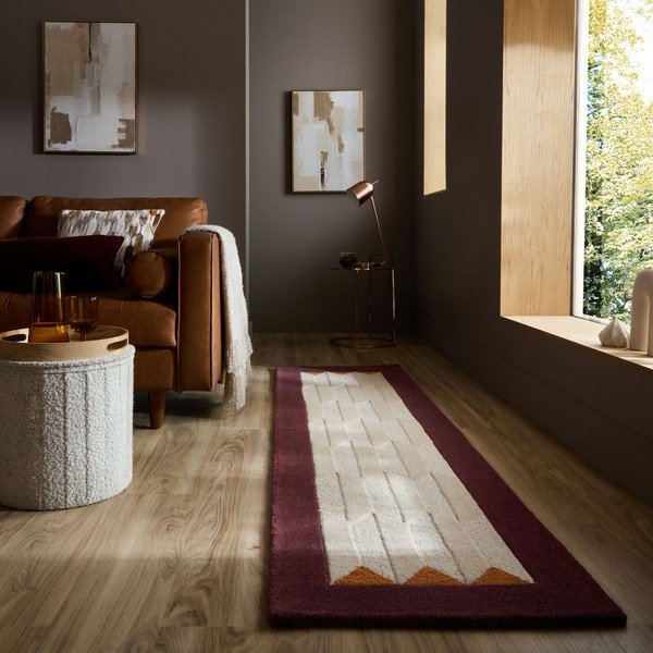 Weinrot/Naturfarben, handgewebter Wollläufer, 60 x 230 cm Apex Border Wool - Flair Rugs-image-1