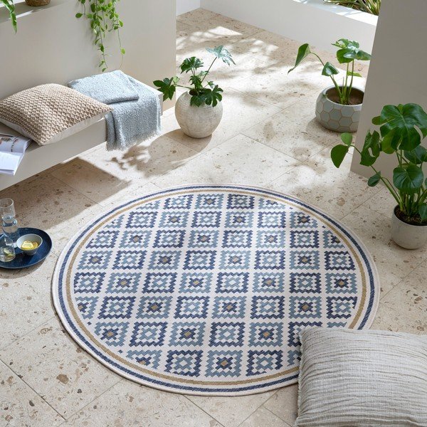 Gelb-blauer runder Teppich für drinnen und draußen, Durchmesser 160 cm Zia Trellis - Flair Rugs-image-1
