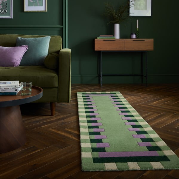 Grün-violetter, handgewebter Läufer aus Wolle, 60 x 230 cm Kai Wool Border - Flair Rugs-image-1