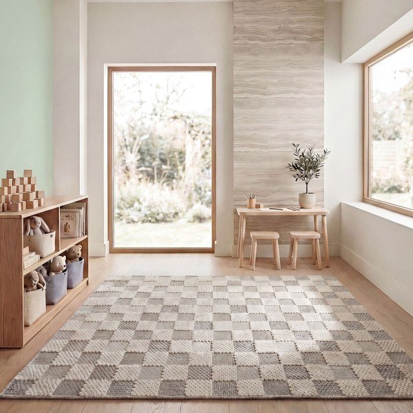 Grüner, waschbarer Teppich mit Baumwollanteil, 116 × 170 cm Muted Checkerboard - Flair Rugs-image-3