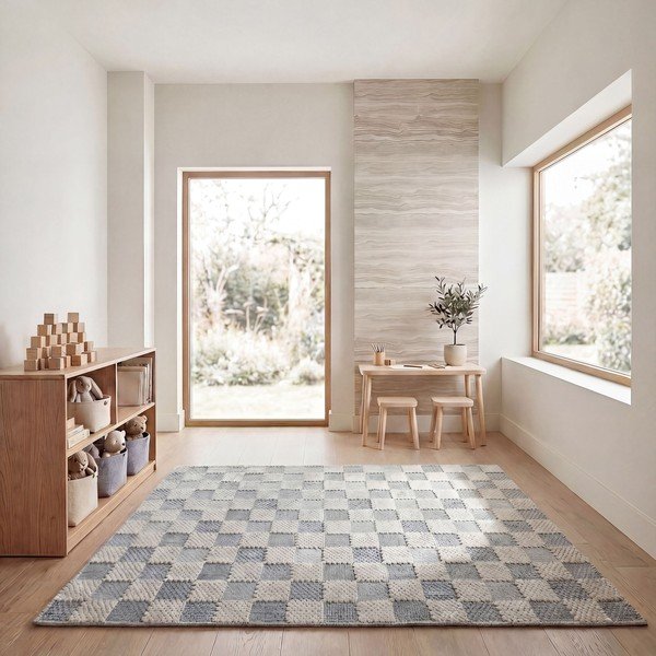 Blauer, waschbarer Teppich mit Baumwollanteil, 155 x 230 cm Muted Checkerboard - Flair Rugs-image-1