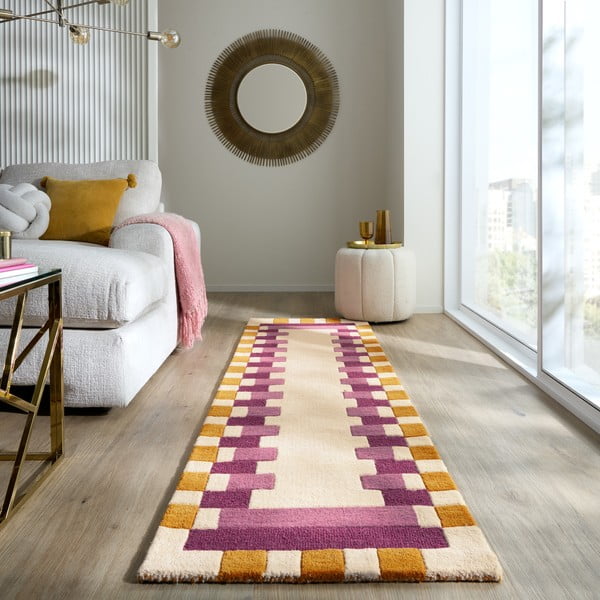 Gelb-rosa, handgewebter Läufer aus Wolle, 60 × 230 cm Kai Wool Border - Flair Rugs-image-1