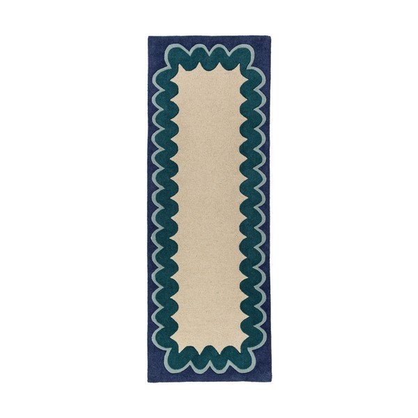 Handgewebter Läufer aus Wolle in Naturfarbe/grünblau, 80 x 230 cm Wiggle Wool - Flair Rugs