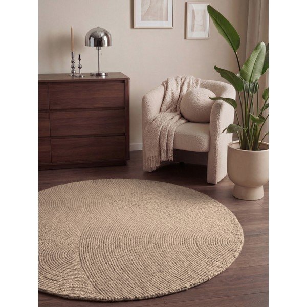 Beiger, handgewebter, runder Wollteppich, Durchmesser 150 cm Calmio - Hanse Home-image-1