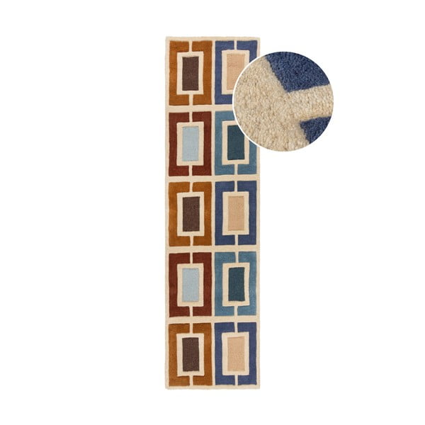 Blau-orangefarbener, handgewebter Wollläufer, 60 × 230 cm Retro Blocks - Flair Rugs