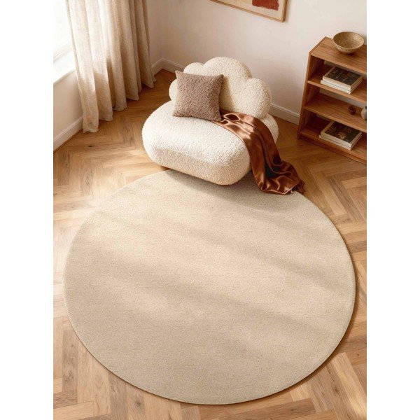 Beiger, handgewebter, runder Wollteppich, Durchmesser 160 cm Puristic Knots - Elle Decoration-image-1