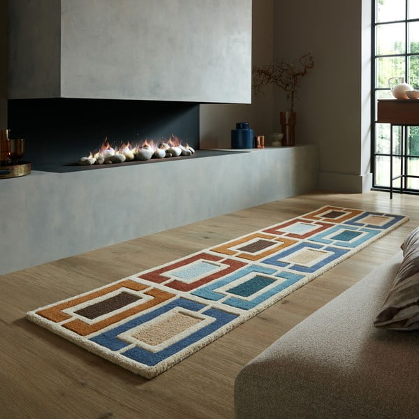 Blau-orangefarbener, handgewebter Wollläufer, 60 × 230 cm Retro Blocks - Flair Rugs-image-1