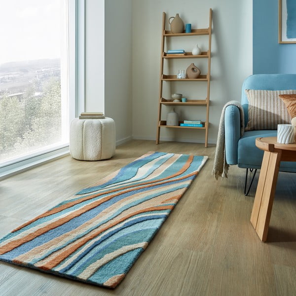 Blauer, handgewebter Läufer aus Wolle, 60 × 230 cm Abstract Flow - Flair Rugs-image-1